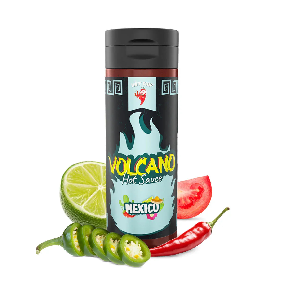 Hot Chip Volcano Hot Sauce Mexiko Flasche mit Limette, Tomate, Jalapeños und Chili
