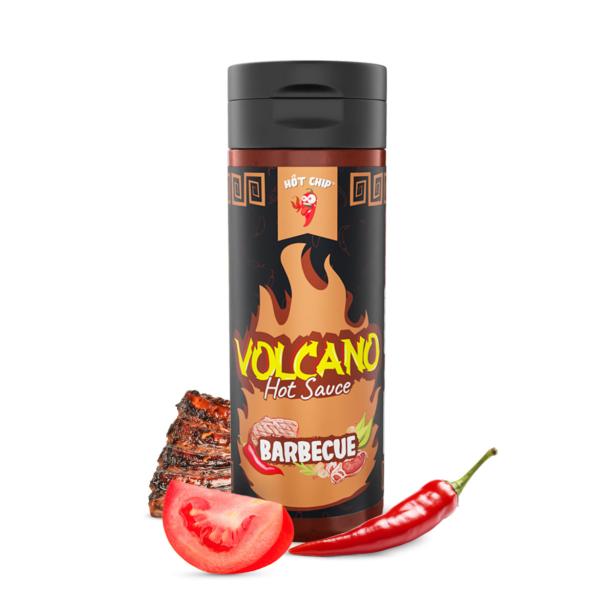 Hot Chip Volcano Hot Sauce Barbecue Flasche mit Rippchen, Tomate und Chili