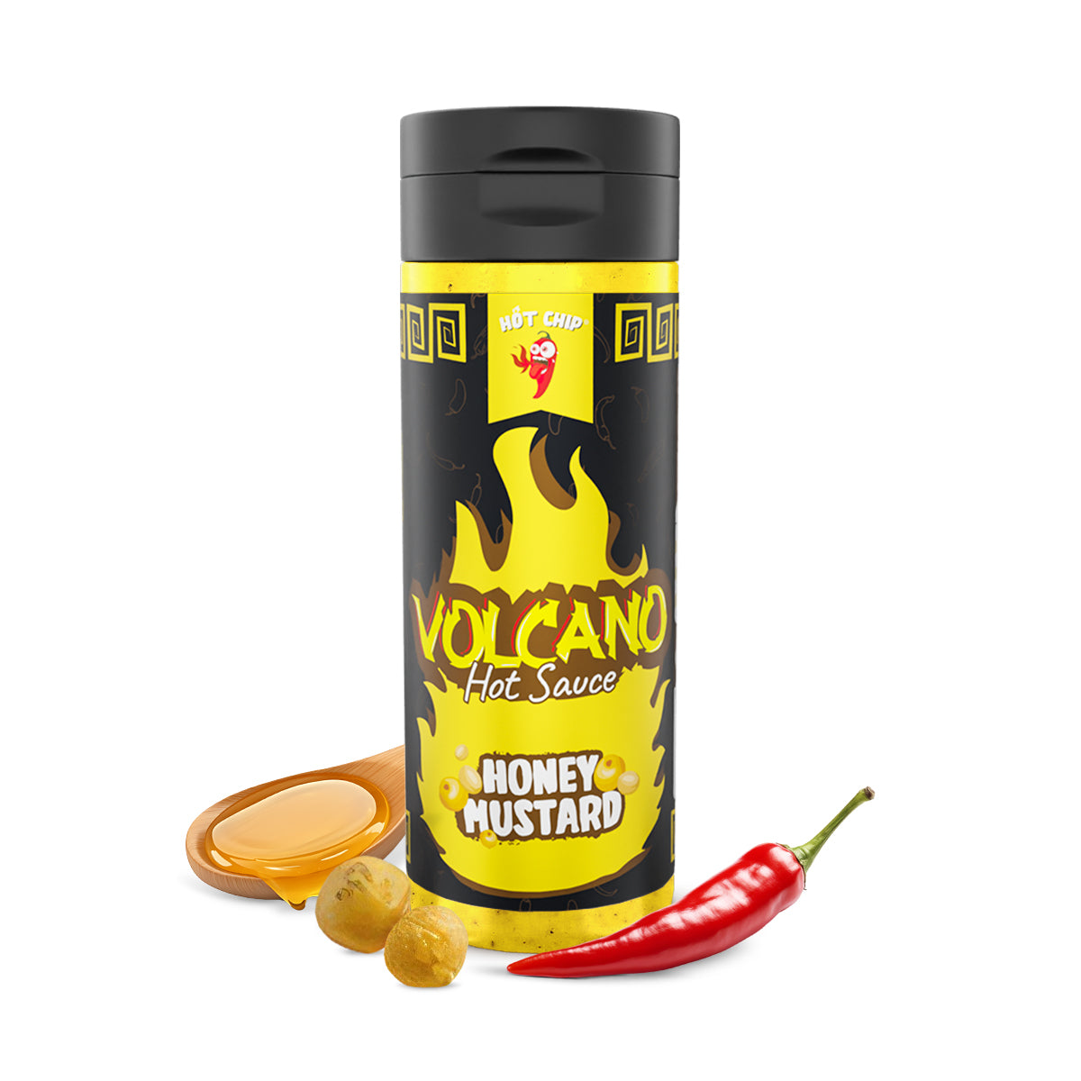 Schwarze Flasche Hot Chip Volcano Hot Sauce Honig Senf mit Chili und Honig