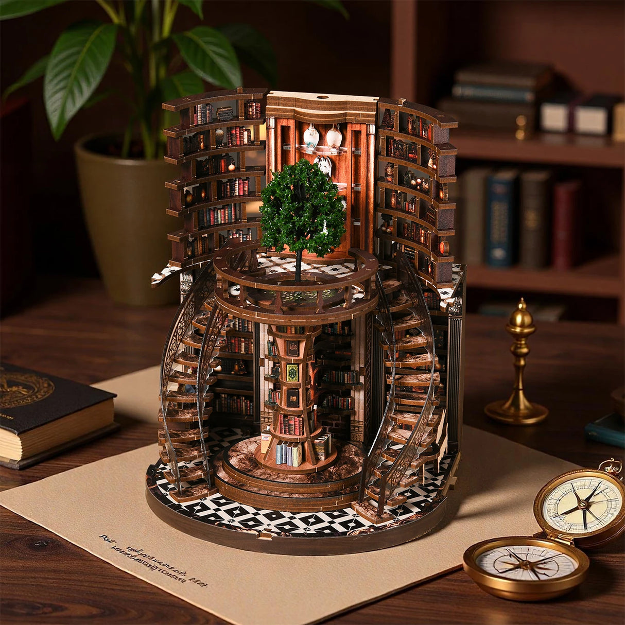 Miniatur-Bücherregal-Diorama mit Wendeltreppen und einem Baum in der Mitte