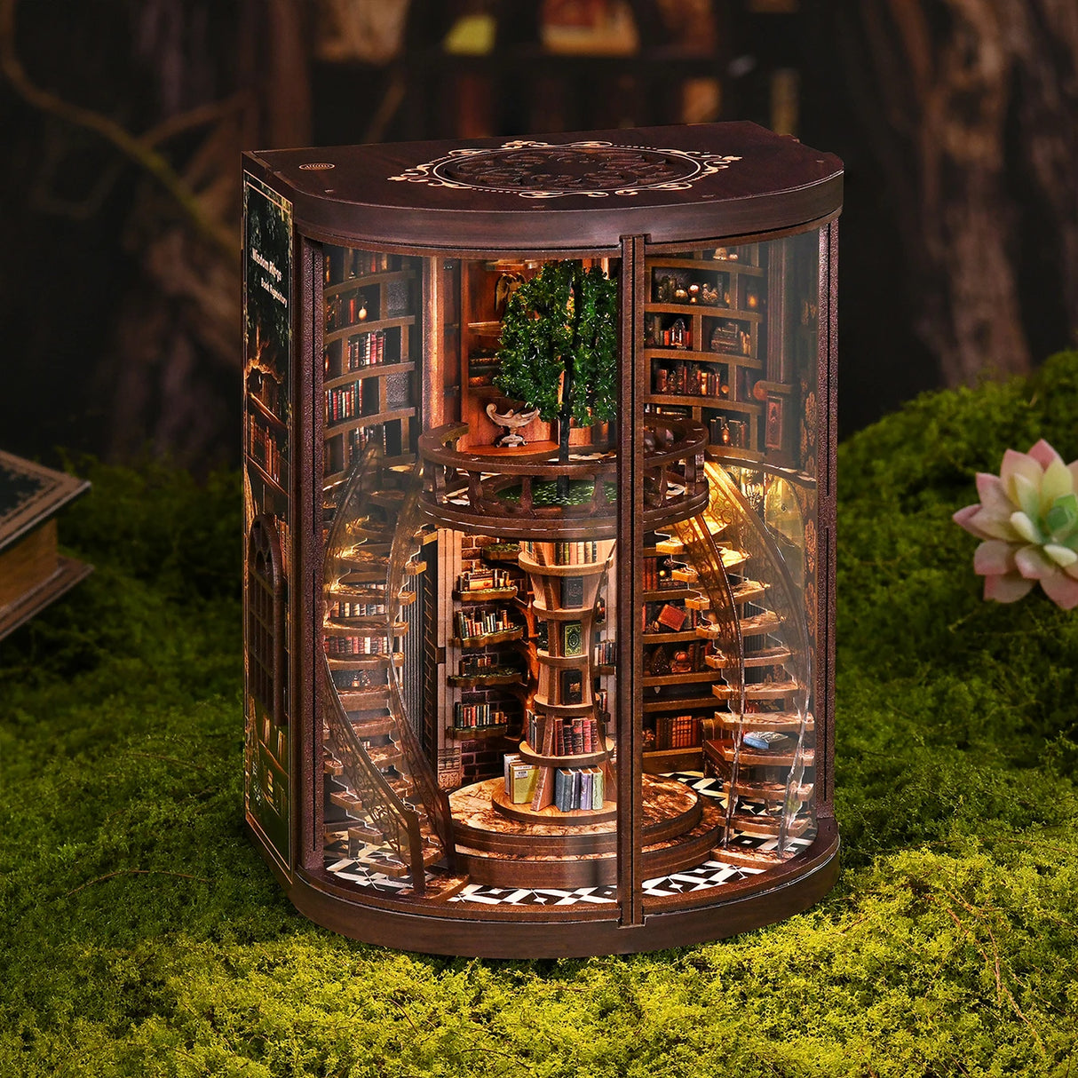 Miniatur-Bücherregal-Einsatz mit Wendeltreppe und Pflanzen, umgeben von Moos
