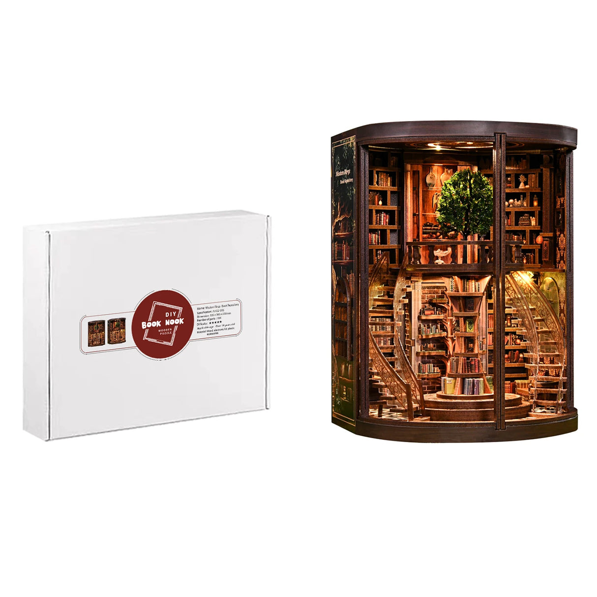 DIY Book Nook Holzpuzzle und fertiges Modell eines runden Bücherregals mit Treppen und Lichtern