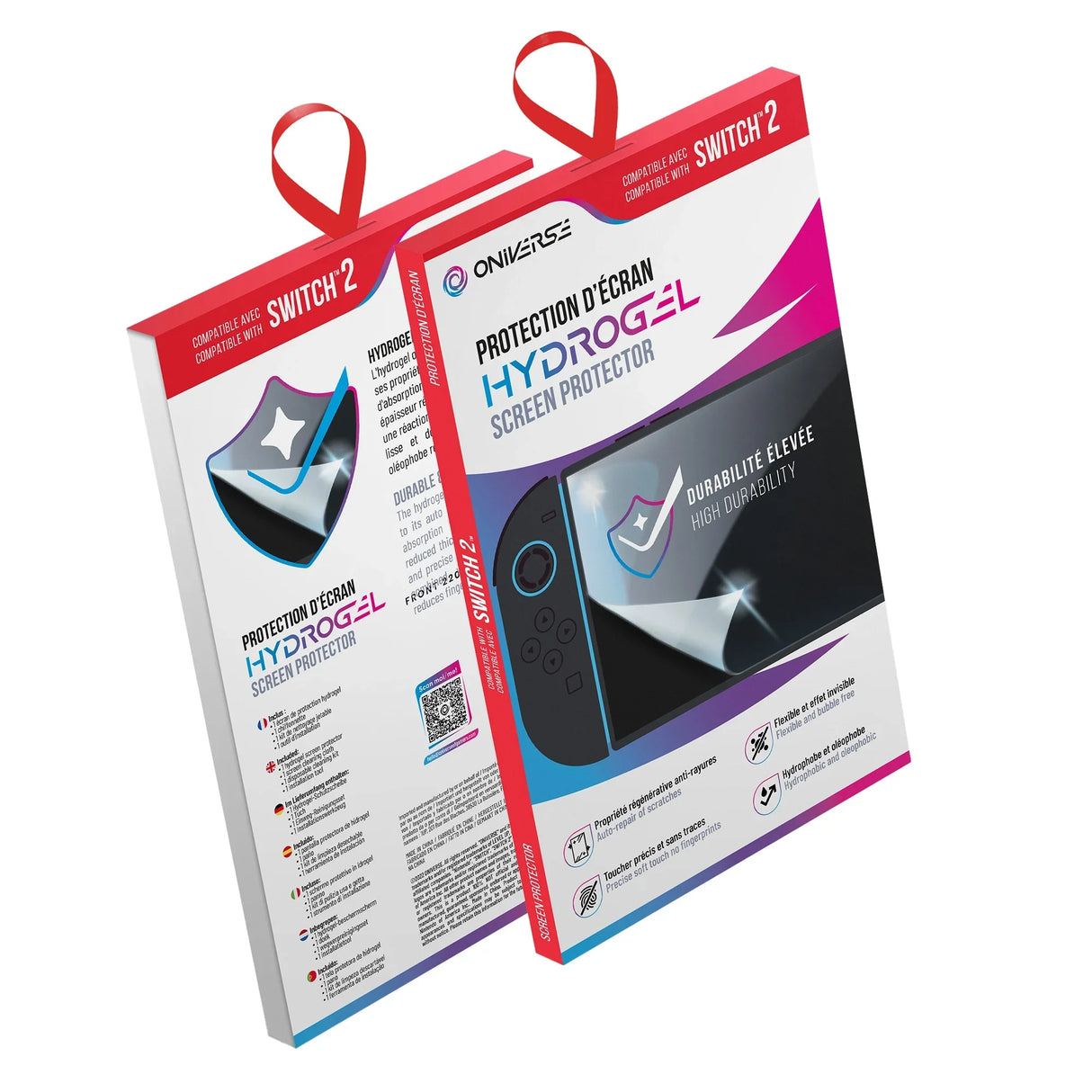 Zwei Hydrogel-Displayschutzfolien für Nintendo Switch 2 in roter und weißer Verpackung