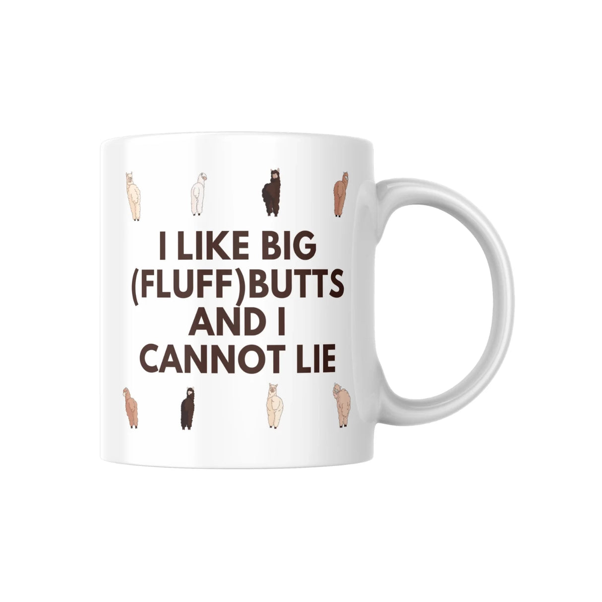 Weisse Tasse mit Alpakas und dem englischen Schriftzug I like big fluff butts and I cannot lie