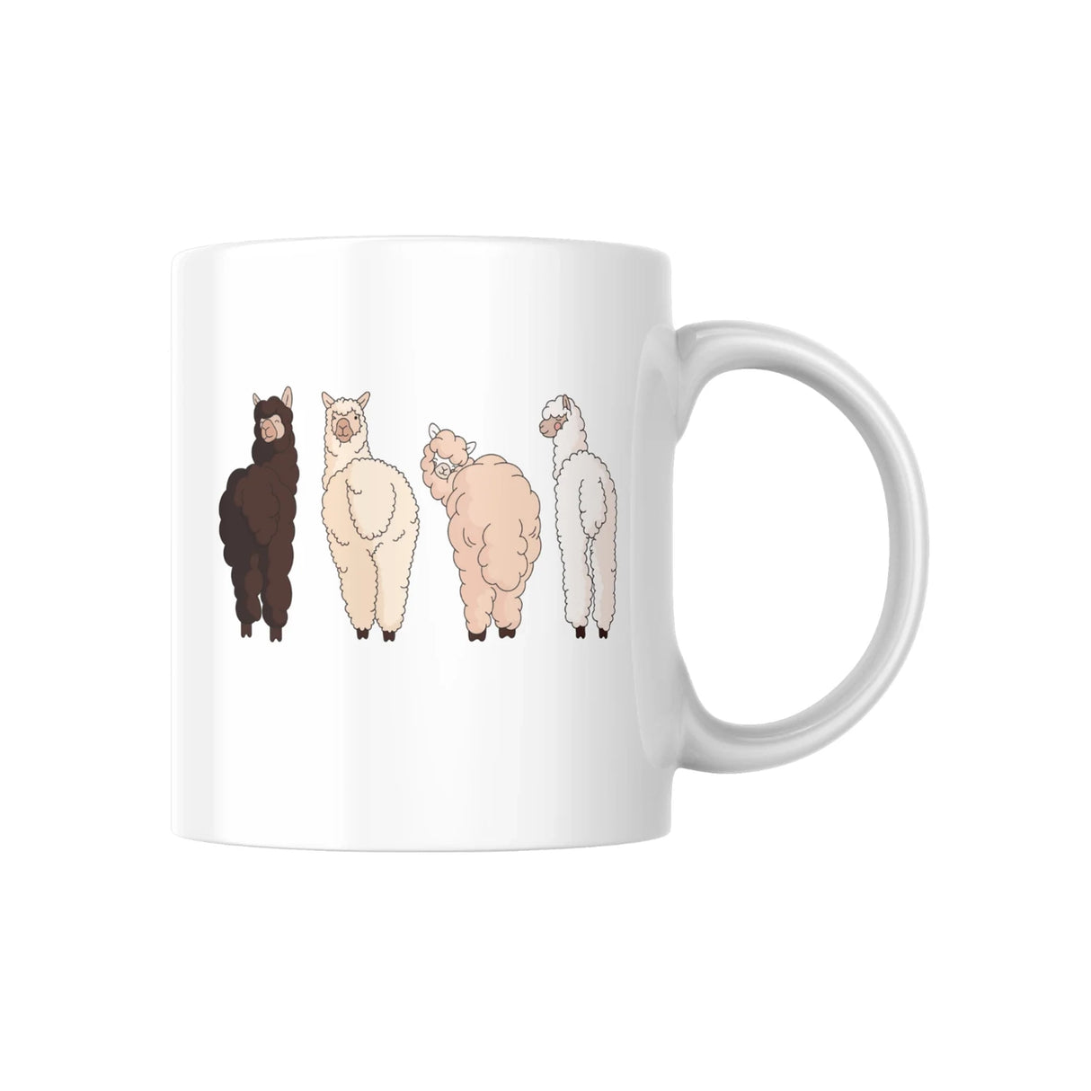 Weisse Tasse mit Illustration von vier Alpakas in verschiedenen Farben