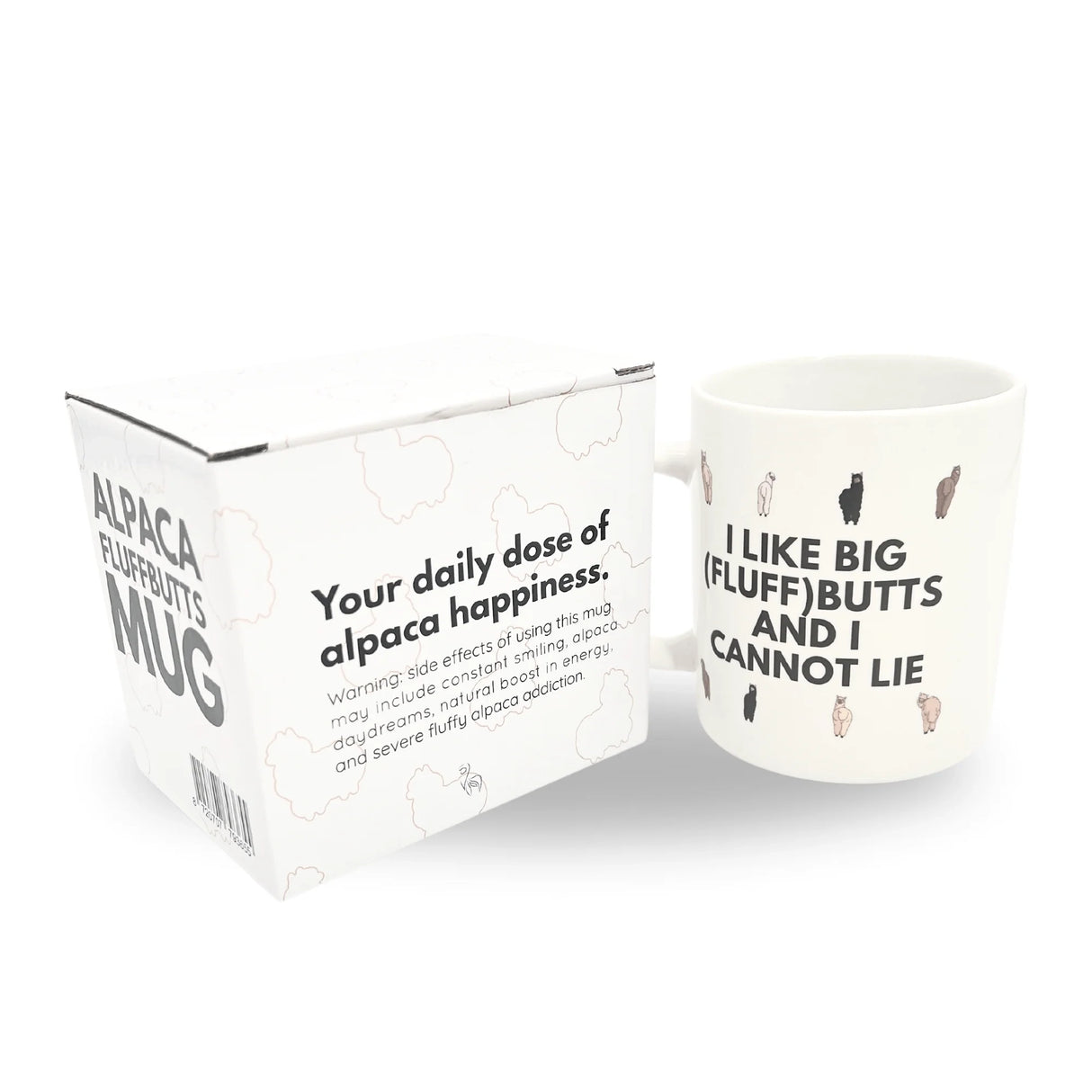 Weisse Tasse mit Alpakadruck und passender Verpackung