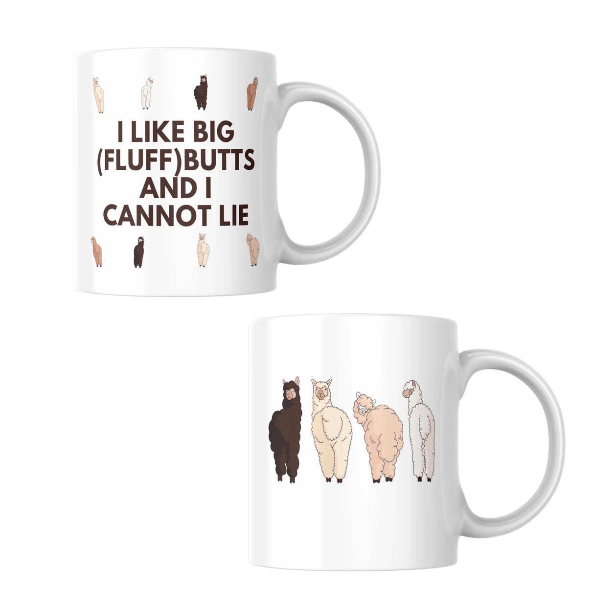 Weiße Tasse mit Alpaka Illustrationen und englischem Textaufdruck