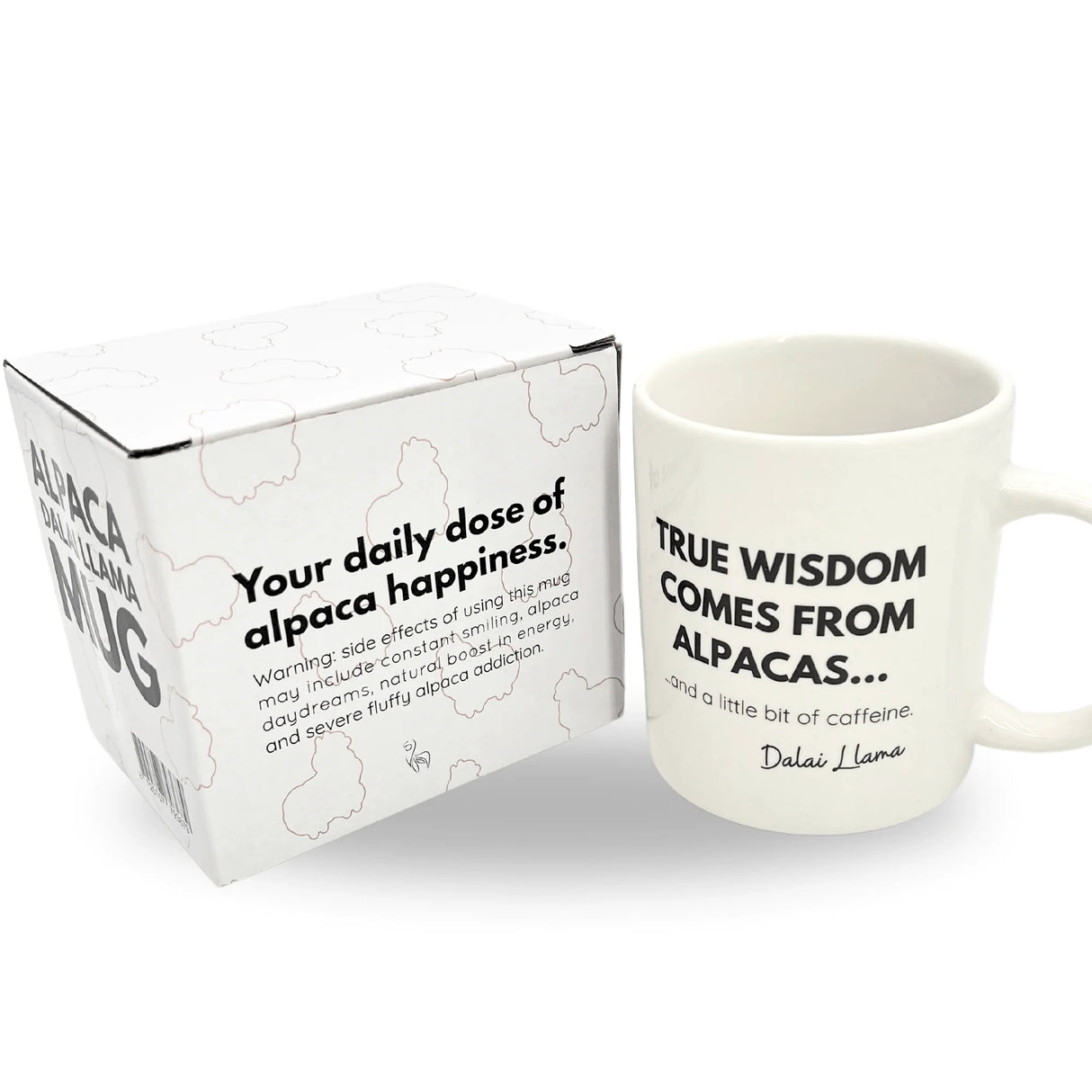 Weisse Tasse mit englischem Text und dazugehörige bedruckte Verpackung
