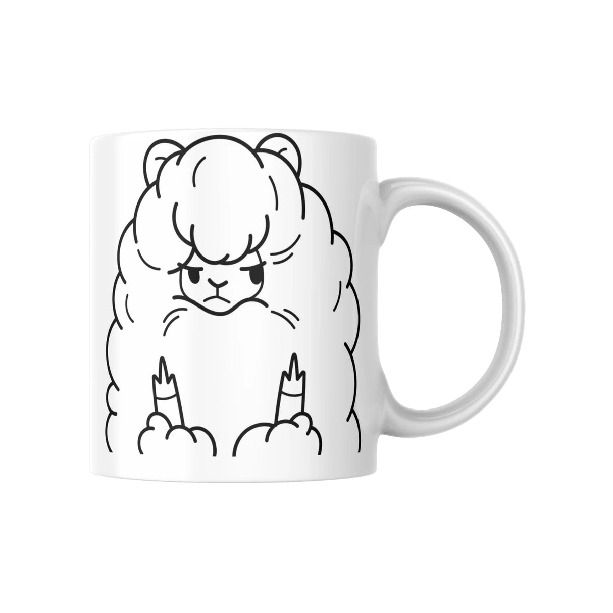 Weisse Tasse mit schwarzer Strichzeichnung eines Lamas das beide Mittelfinger zeigt