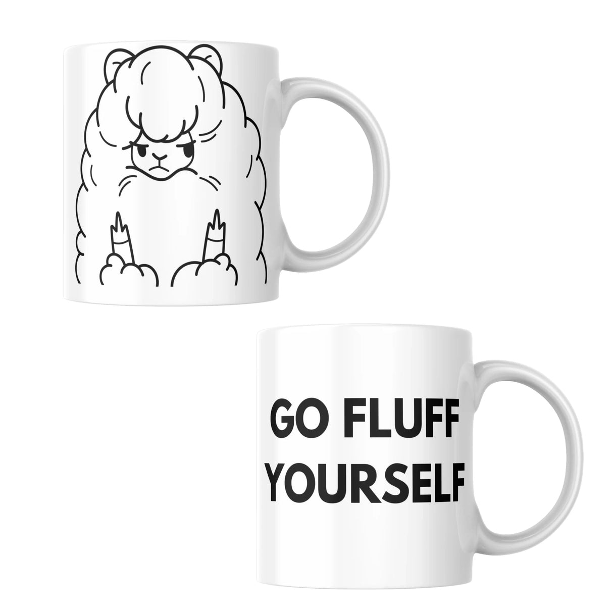Weisse Tasse mit Alpaka Grafik und englischem Schriftzug Go Fluff Yourself