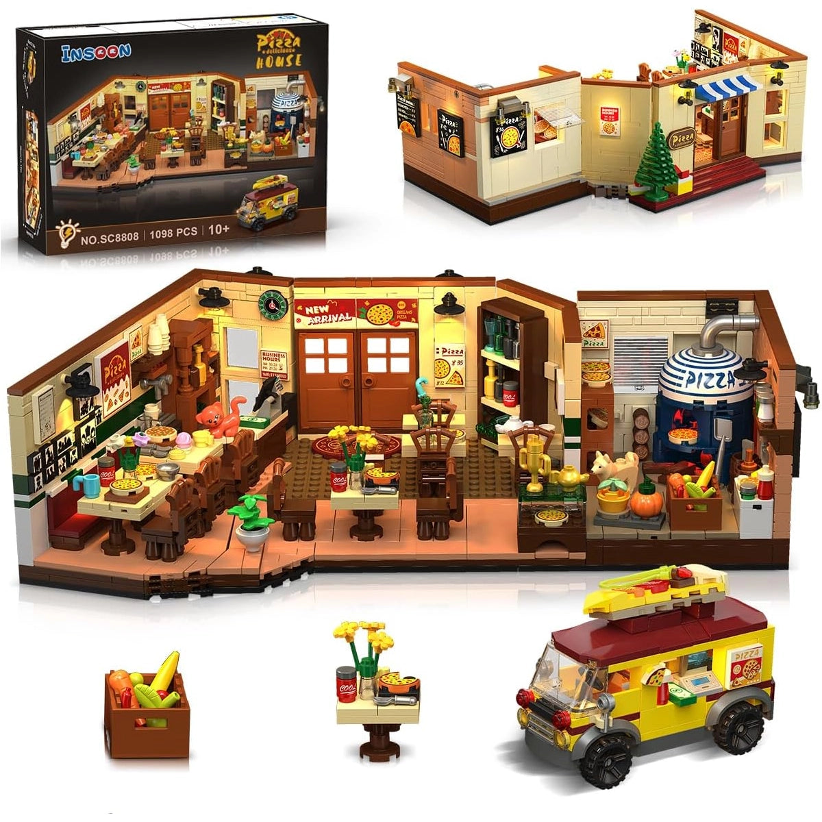 Ein Spielzeug-Pizzahaus-Set mit einem Lieferwagen und einer Kiste mit Gemüse