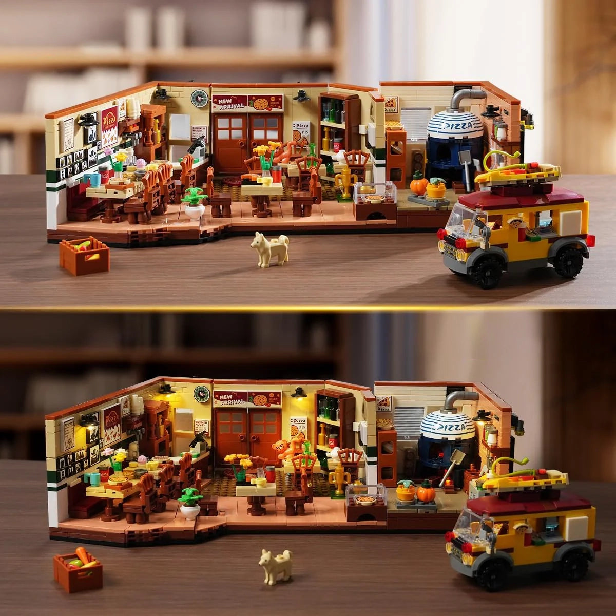 Lego-Set eines Pizzarestaurants mit einem Lieferwagen und einem Hund