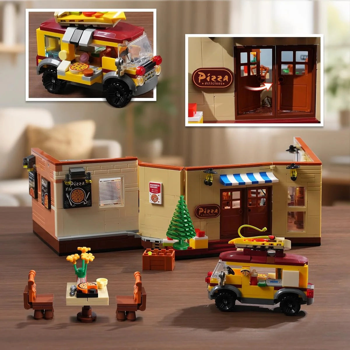 Ein Lego-Pizzarestaurant mit einem Pizzawagen, einem Tisch mit Stühlen und einer kleinen Tanne