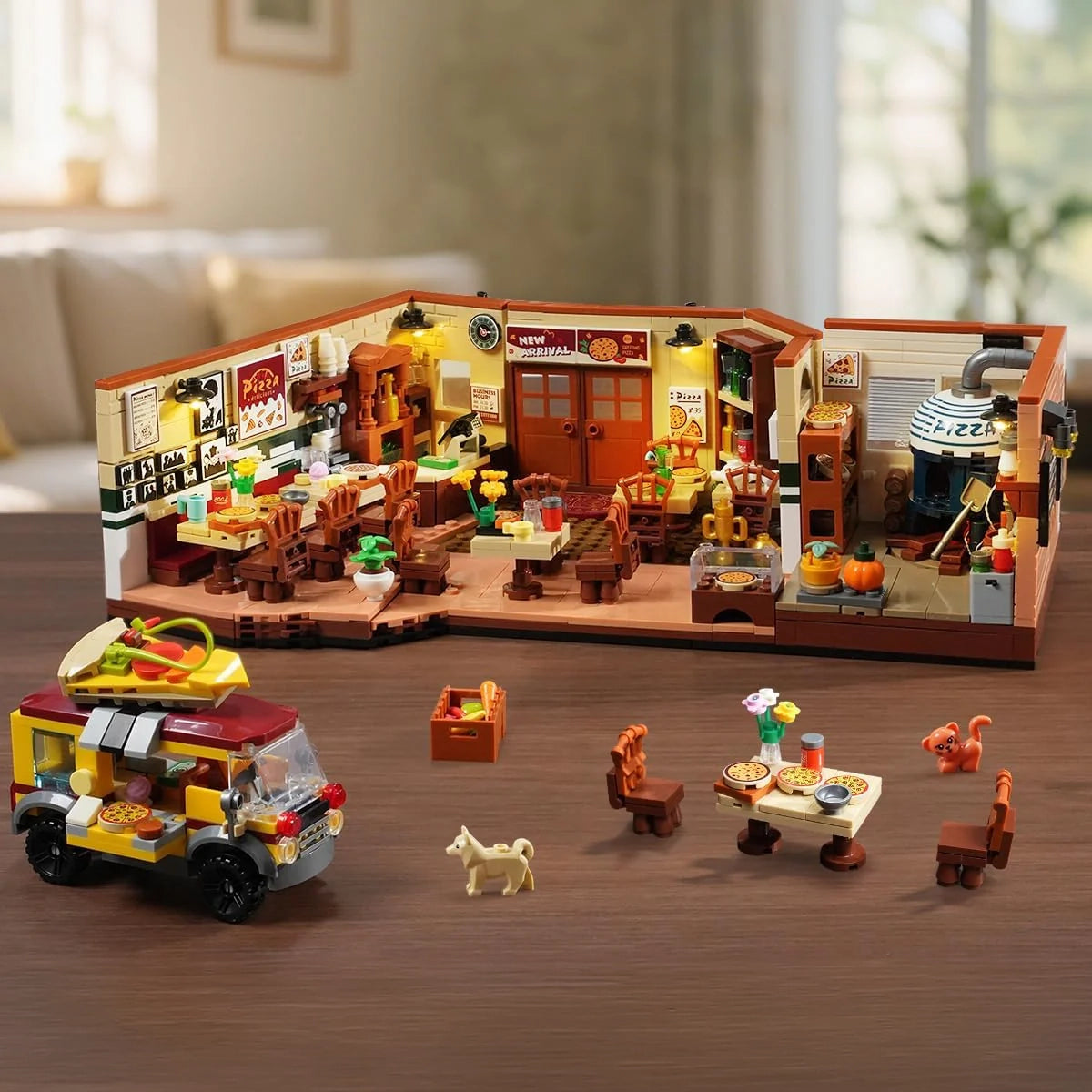Lego Pizzeria mit Essbereich, Pizzaofen, Lieferwagen, Tischen, Stühlen, Hund und Katze