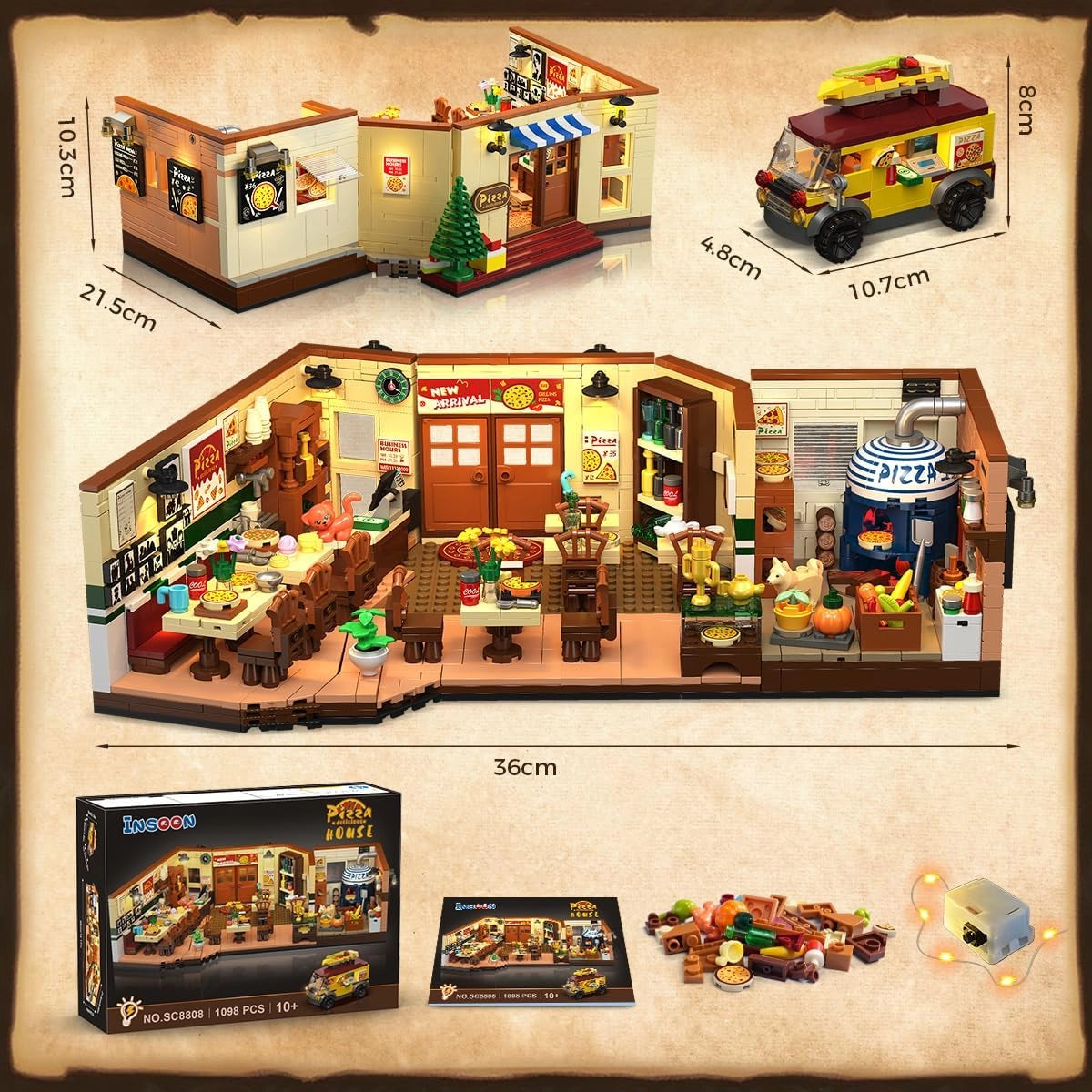 Ein Bausatz für ein Pizza-Restaurant mit einem Lieferwagen und einer Innenansicht des Restaurants