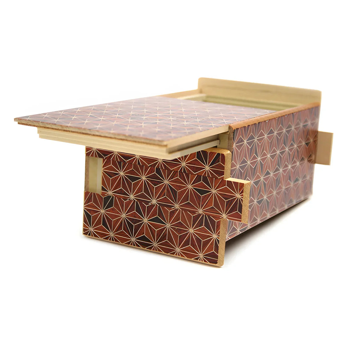 Japanische Puzzlebox aus Holz mit geometrischem Muster in Brauntönen