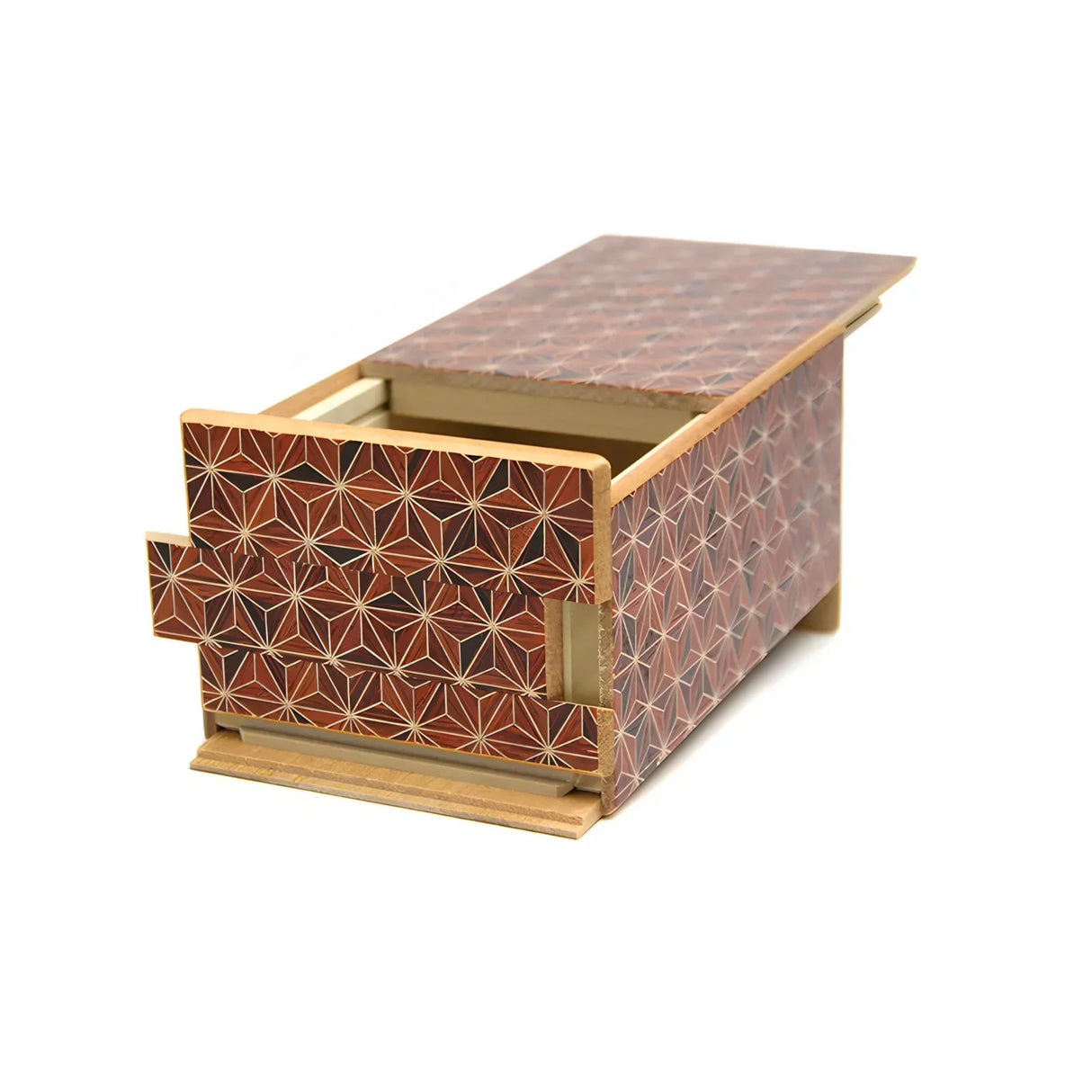 Japanische Puzzlebox aus Holz mit geometrischem Sternmuster