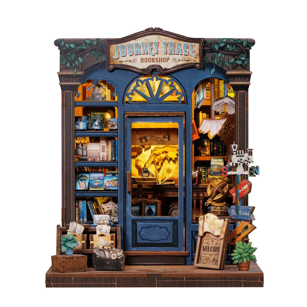 Miniatur-Buchhandlung Journey Trace mit blauer Fassade, Regalen voller Bücher und Weltkarten-Dekoration