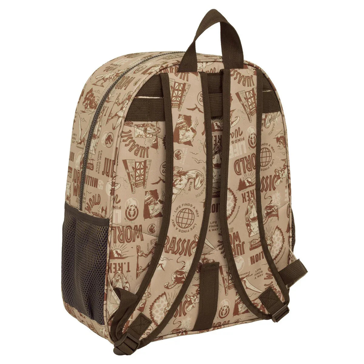 Beiger Rucksack mit braunen Trägern und Jurassic Park-Motiven