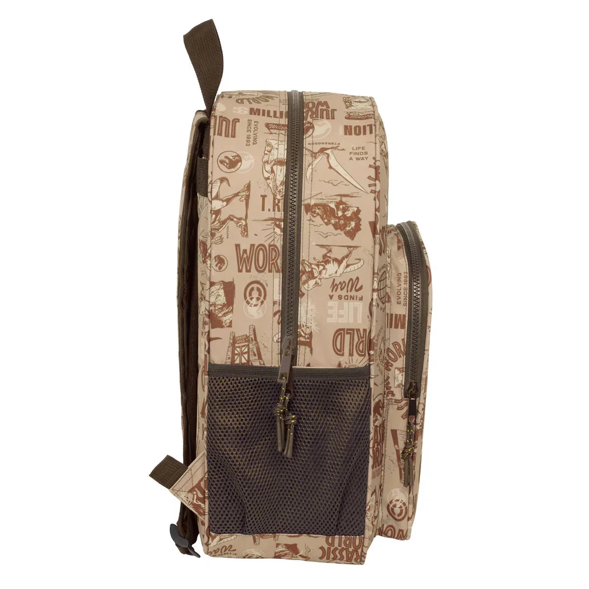 Beigefarbener Rucksack mit braunen Dinosaurier-Motiven und Reißverschlüssen