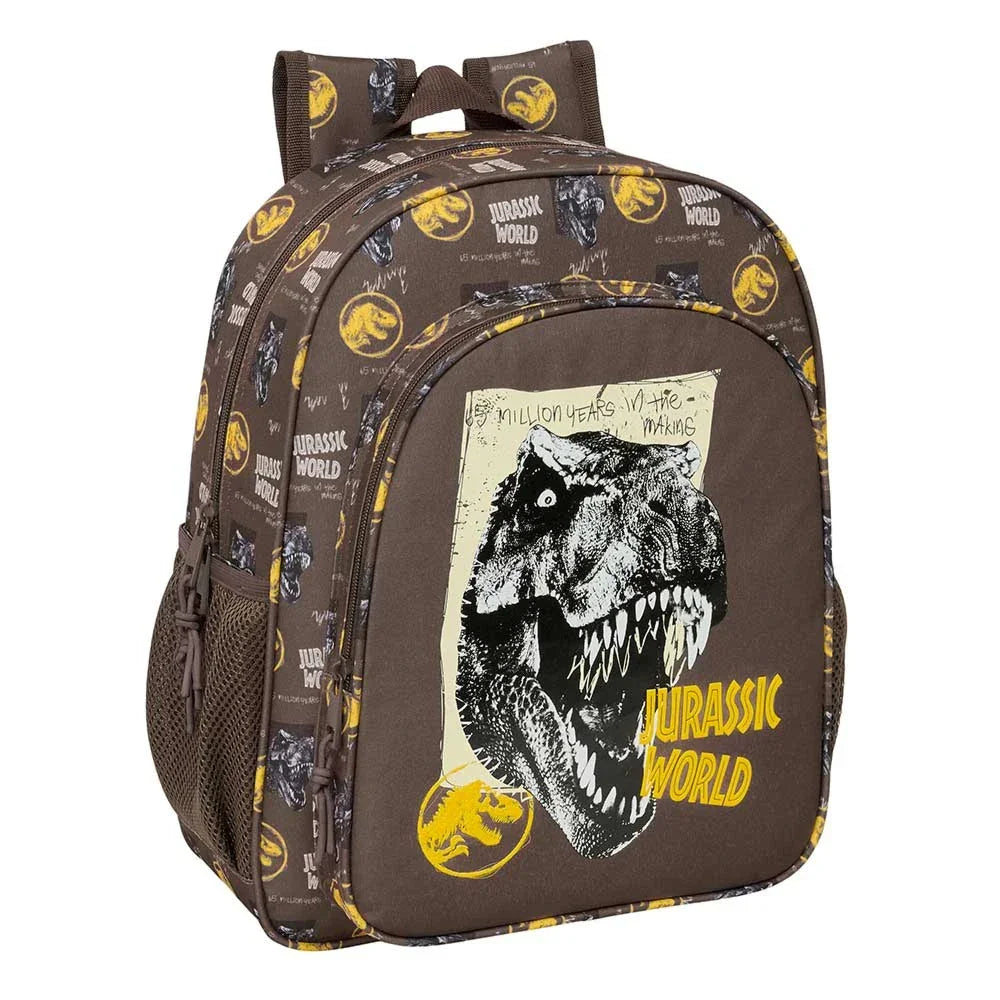 Brauner Rucksack mit Jurassic World Logo und T-Rex-Grafik