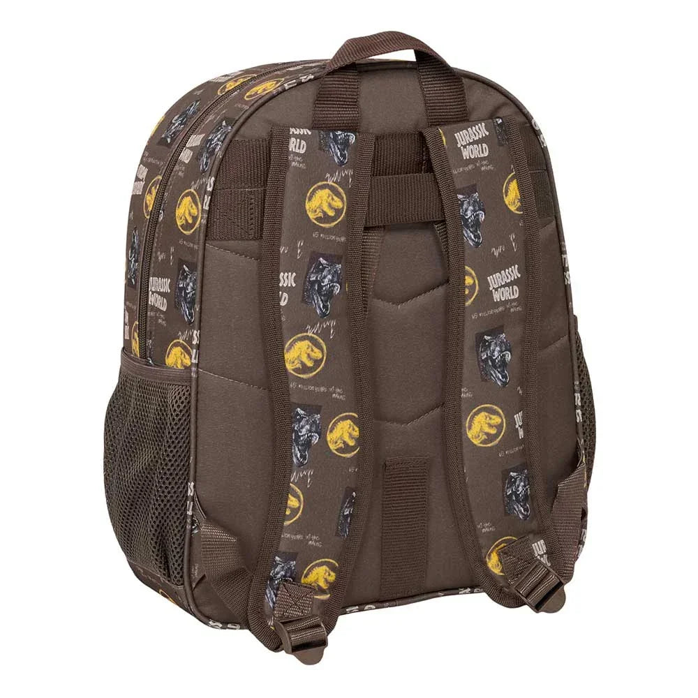 Brauner Rucksack mit Jurassic World Logo und Dinosaurier-Motiven