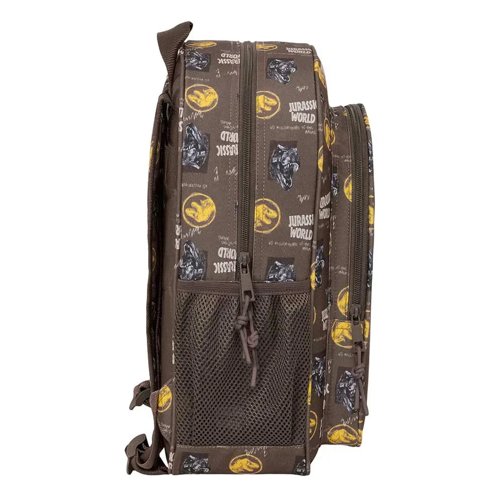 Brauner Rucksack mit Jurassic World-Logo und Dinosaurier-Motiven