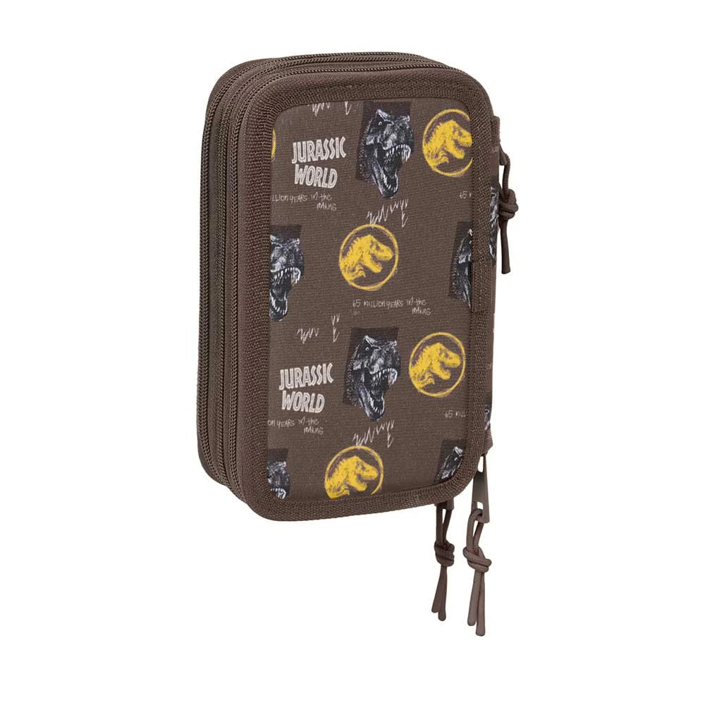 Braunes Federmäppchen mit Jurassic World Logo und T-Rex-Motiven