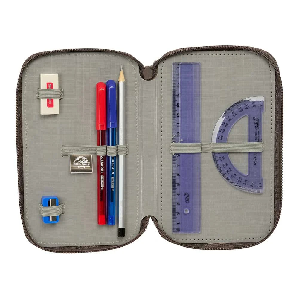 Offenes Federmäppchen mit Stiften, Bleistift, Radiergummi, Lineal und Geodreieck