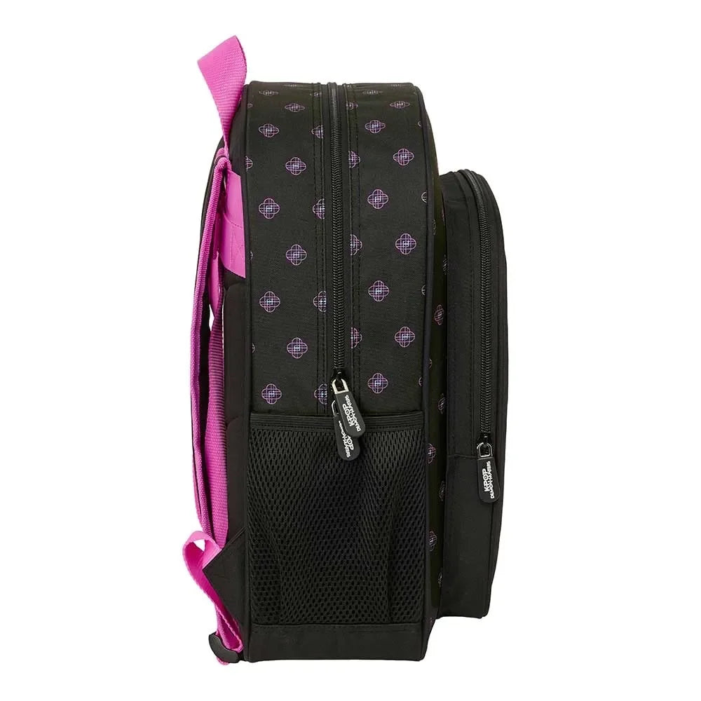 Schwarzer Rucksack mit lila Mustern und pinken Trägern, Seitenansicht