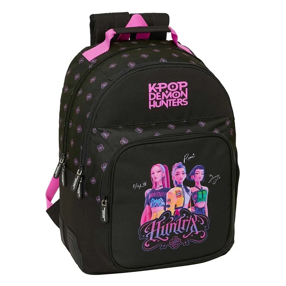 Schwarzer Rucksack mit K-Pop Demon Hunters Logo und drei weiblichen Zeichentrickfiguren