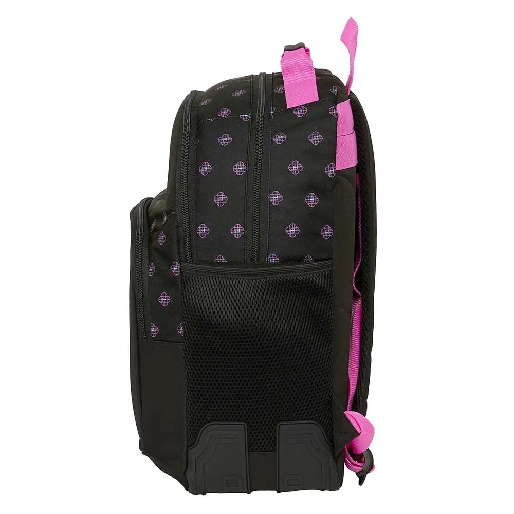 Schwarzer Rucksack mit lila Muster und pinken Akzenten, Seitenansicht