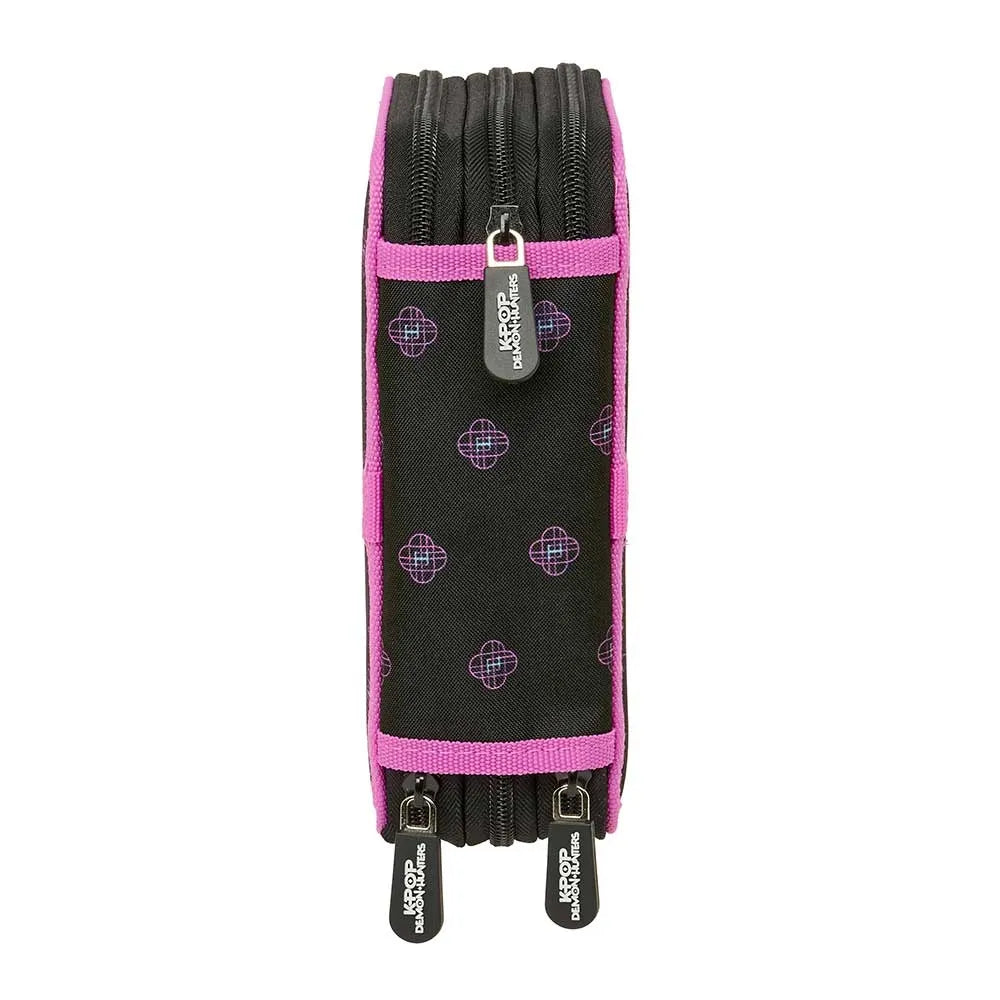 Schwarzes Federmäppchen mit rosa Rändern und lila Mustern, drei Reißverschlüsse mit KPOP Demon Hunters Logo