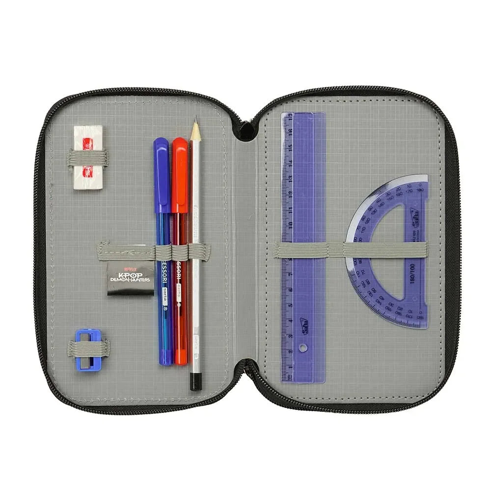 Offenes Federmäppchen mit Stiften, Bleistift, Radiergummi, Spitzer, Lineal und Winkelmesser