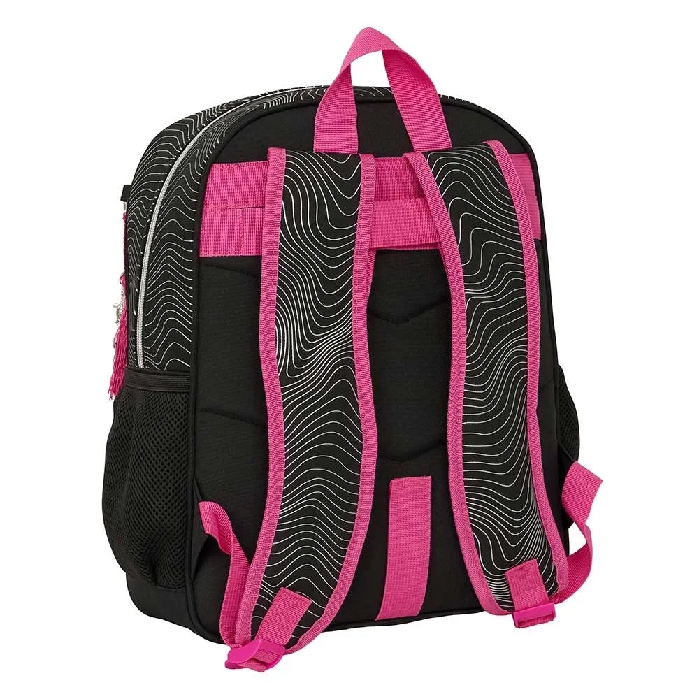 Schwarzer Rucksack mit pinken Trägern und weißem Wellenmuster