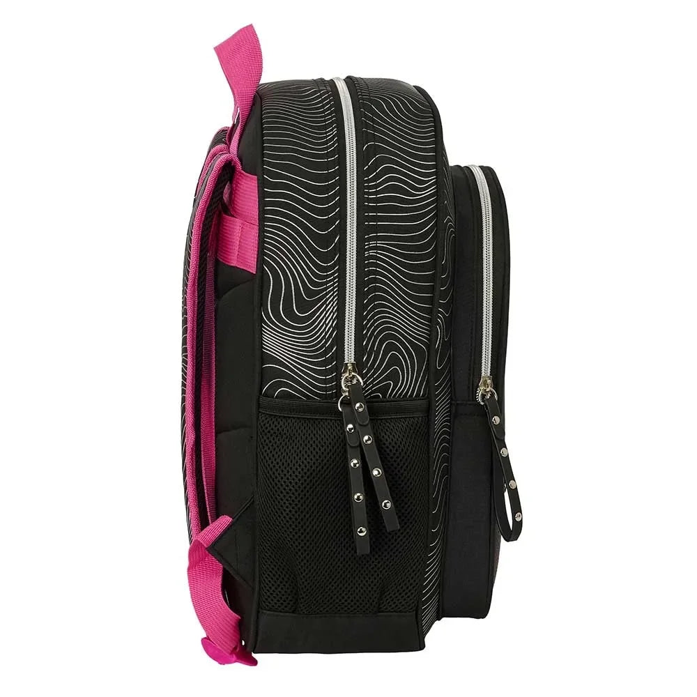 Schwarzer Rucksack mit rosa Trägern und weißem Wellenmuster