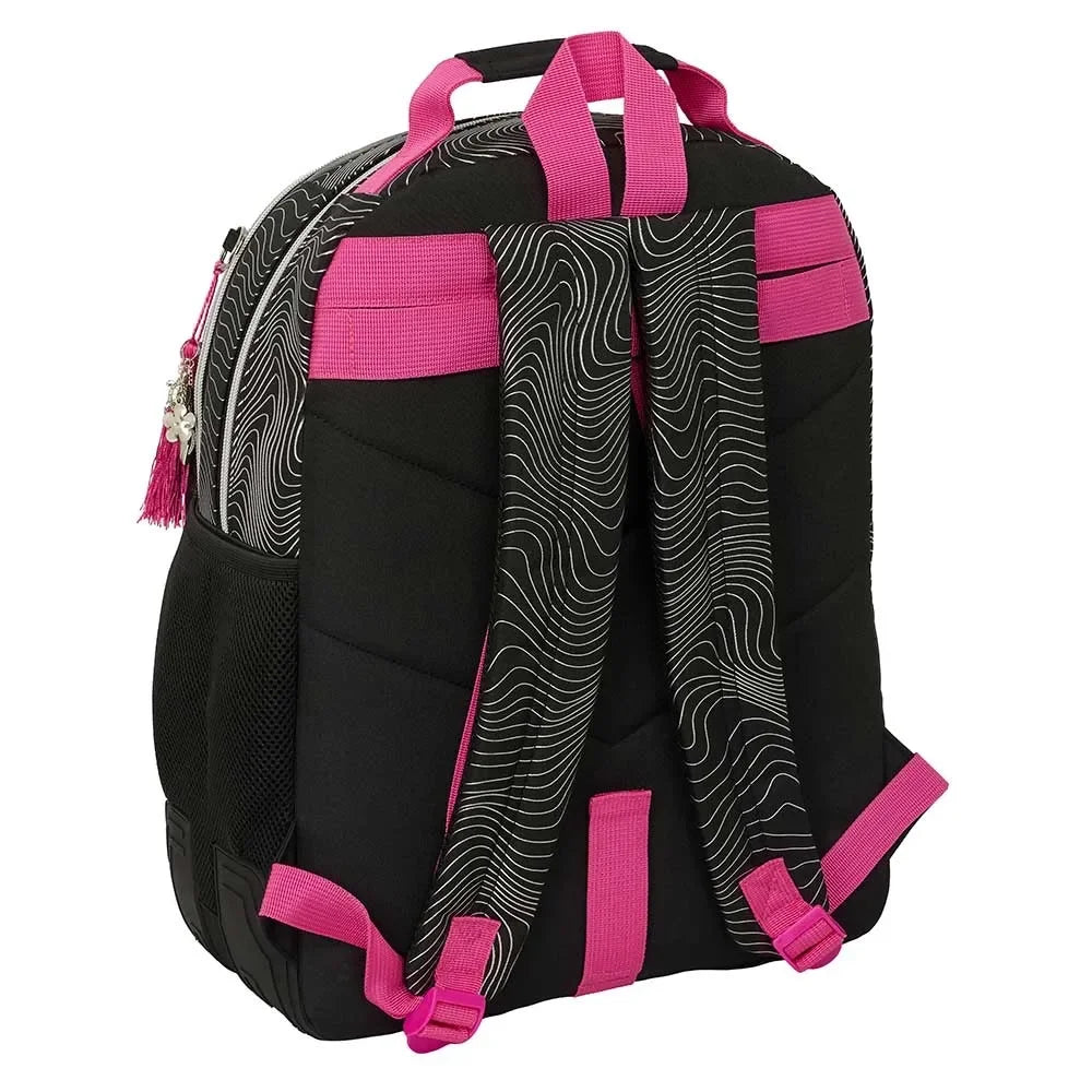 Schwarzer Rucksack mit pinken Trägern und weißem Wellenmuster