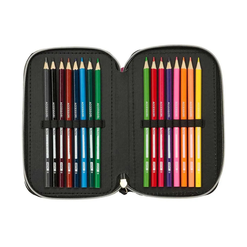 Offenes schwarzes Federmäppchen mit 12 Buntstiften in verschiedenen Farben