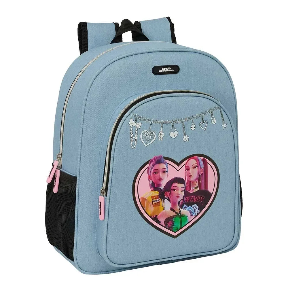 Blauer Rucksack mit K-Pop-Mädchen-Design und Herz-Anhänger-Grafik