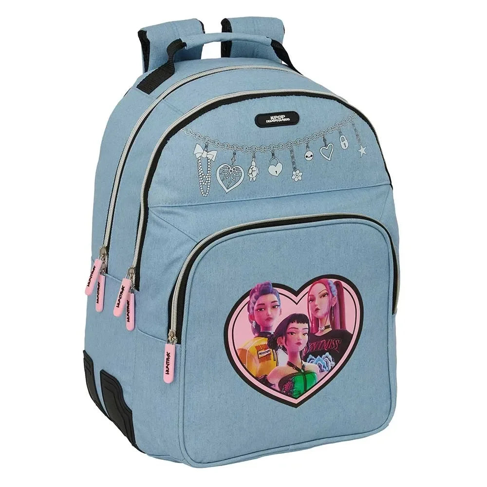 Blauer Rucksack mit K-Pop-Design und drei Mädchen in einem Herz auf der Vordertasche