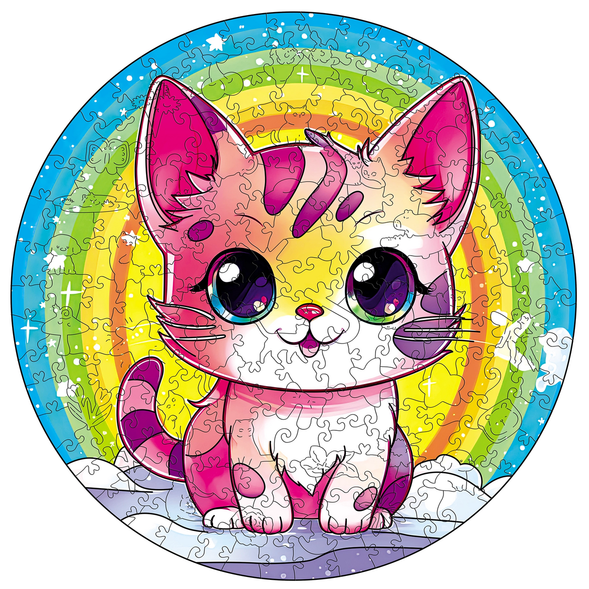 Rundes Puzzle mit einer rosa Katze vor einem Regenbogen
