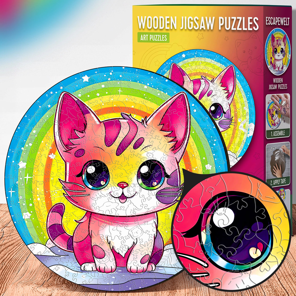 Rundes Holzpuzzle mit einem rosa-gelben Kätzchen vor einem Regenbogen, daneben die Verpackung