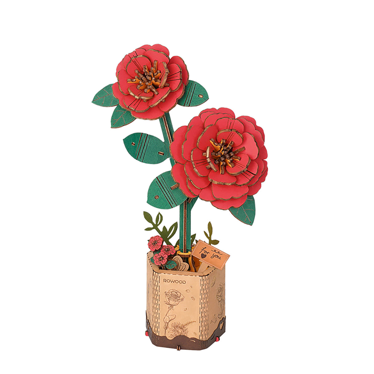 Zwei rote Blumen aus Holz in einem sechseckigen Blumentopf mit der Aufschrift for you