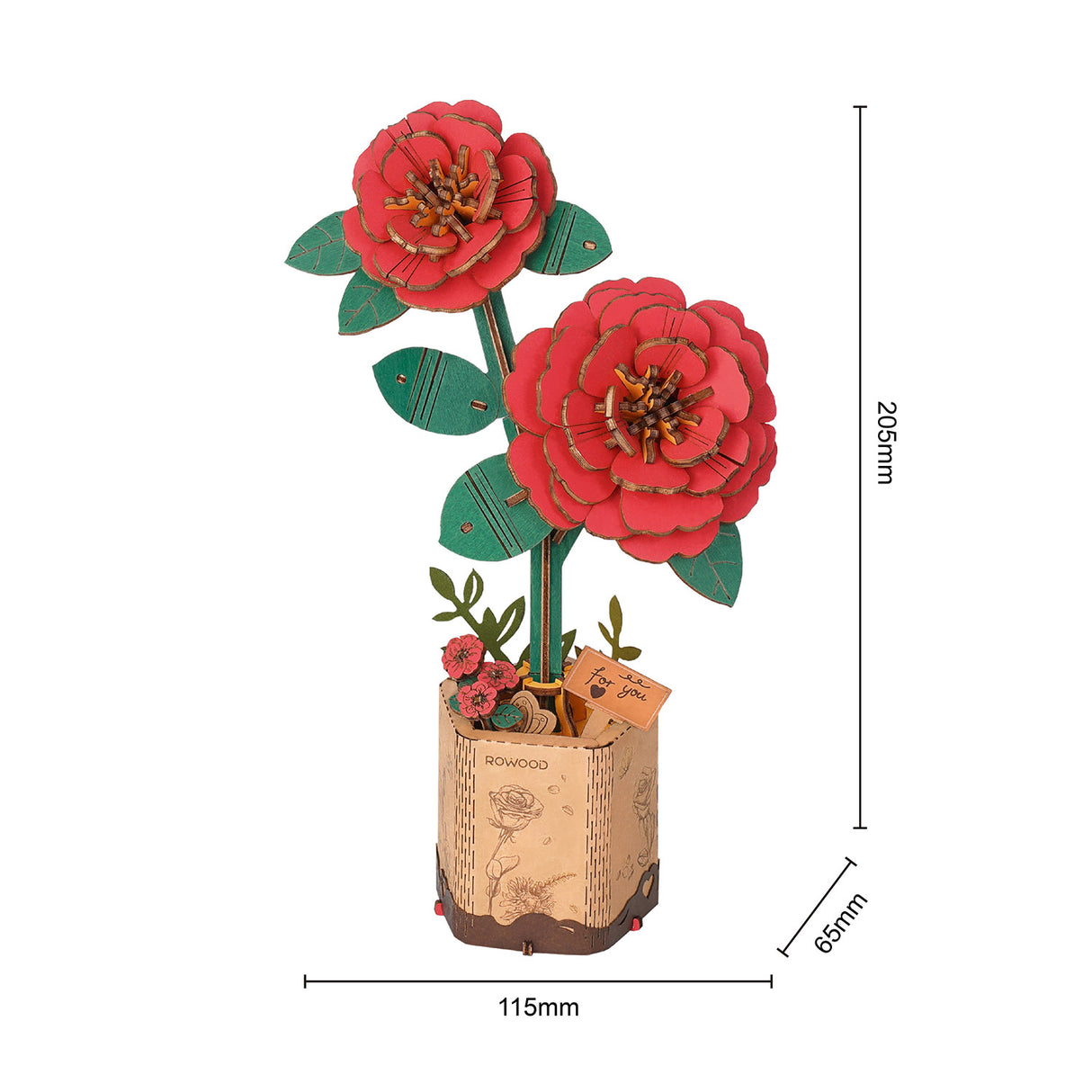 Holzbausatz einer roten Blume im Topf mit Maßangaben