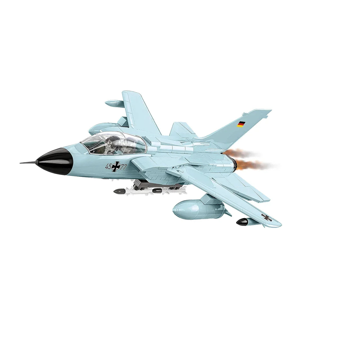 Hellblauer Kampfjet mit schwarzer Nase und deutschen Hoheitszeichen, Rauch aus dem Triebwerk