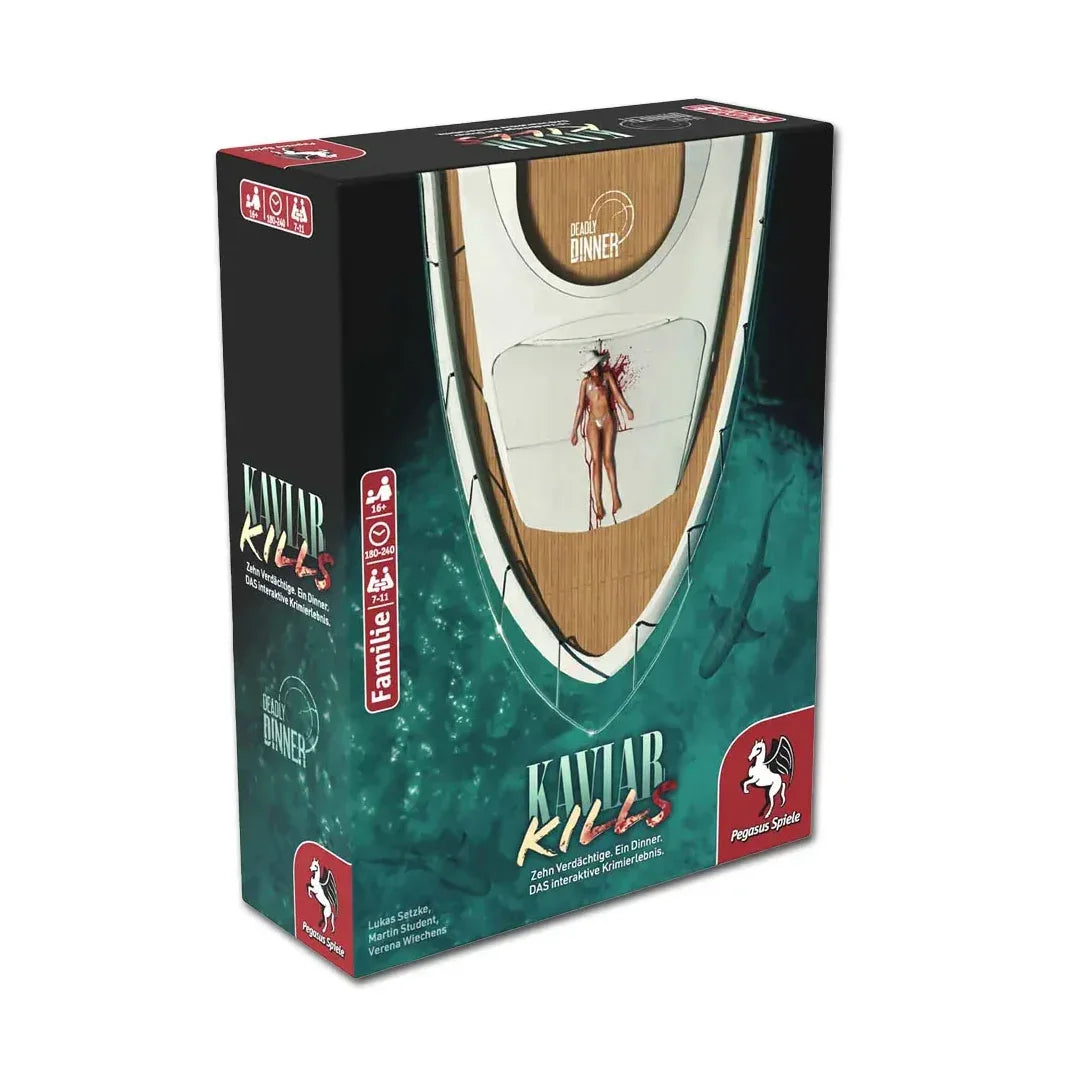 Spieleschachtel Deadly Dinner Kaviar Kills mit Motiv einer Yacht auf dem Wasser