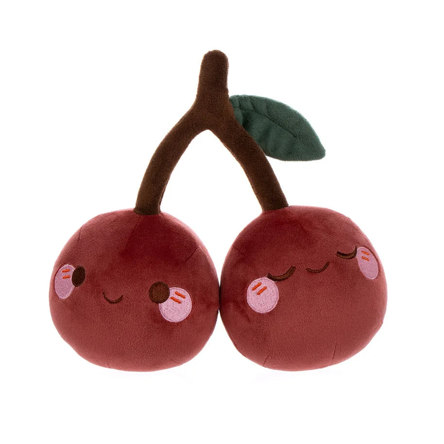 Zwei Kirschen Plüschtier mit Gesichtern und einem grünen Blatt