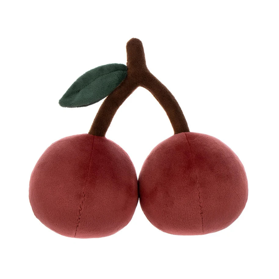 Zwei rote Kirschen aus Plüsch mit braunem Stiel und grünem Blatt