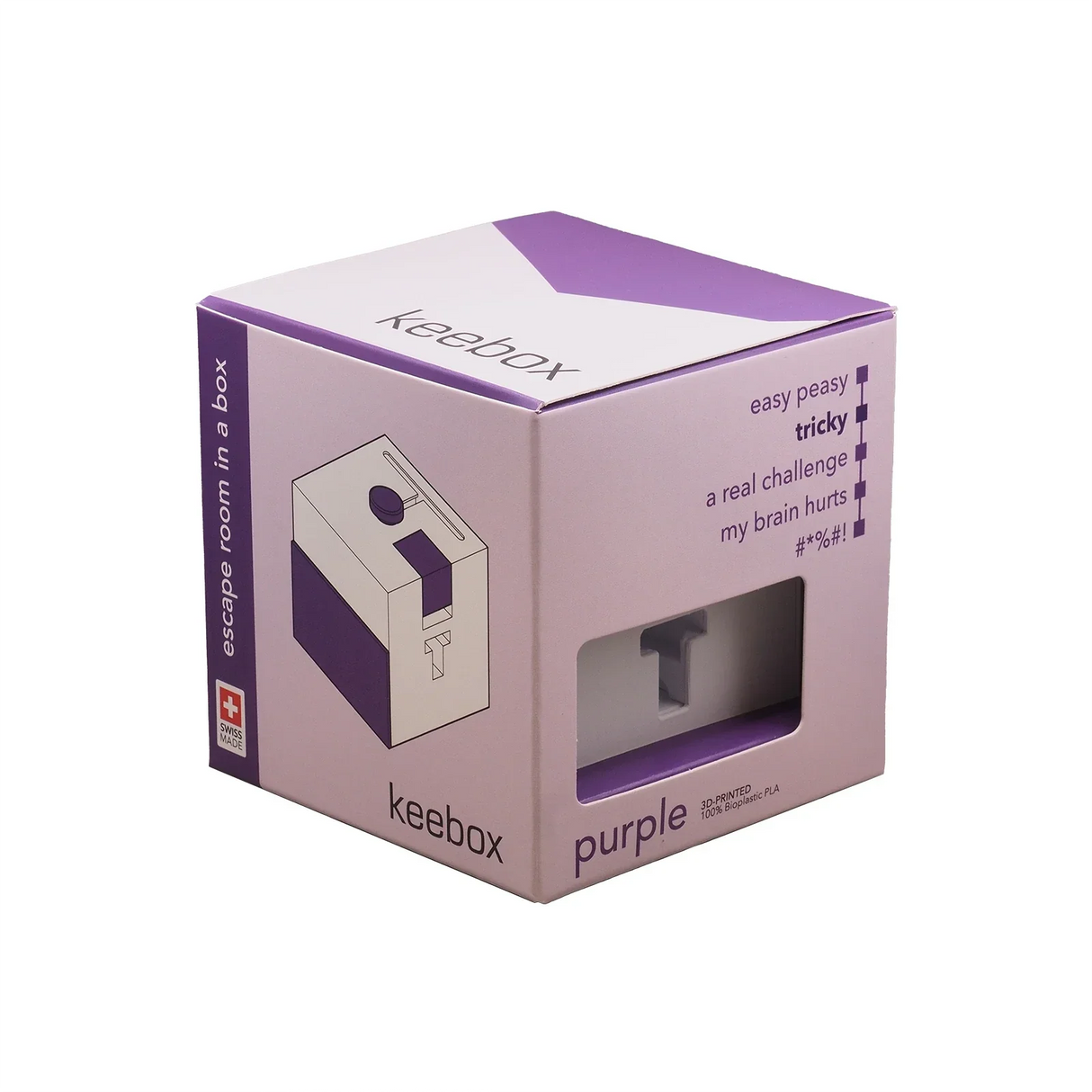 Keebox lila Verpackung mit Aufschrift escape room in a box und Swiss Made Logo