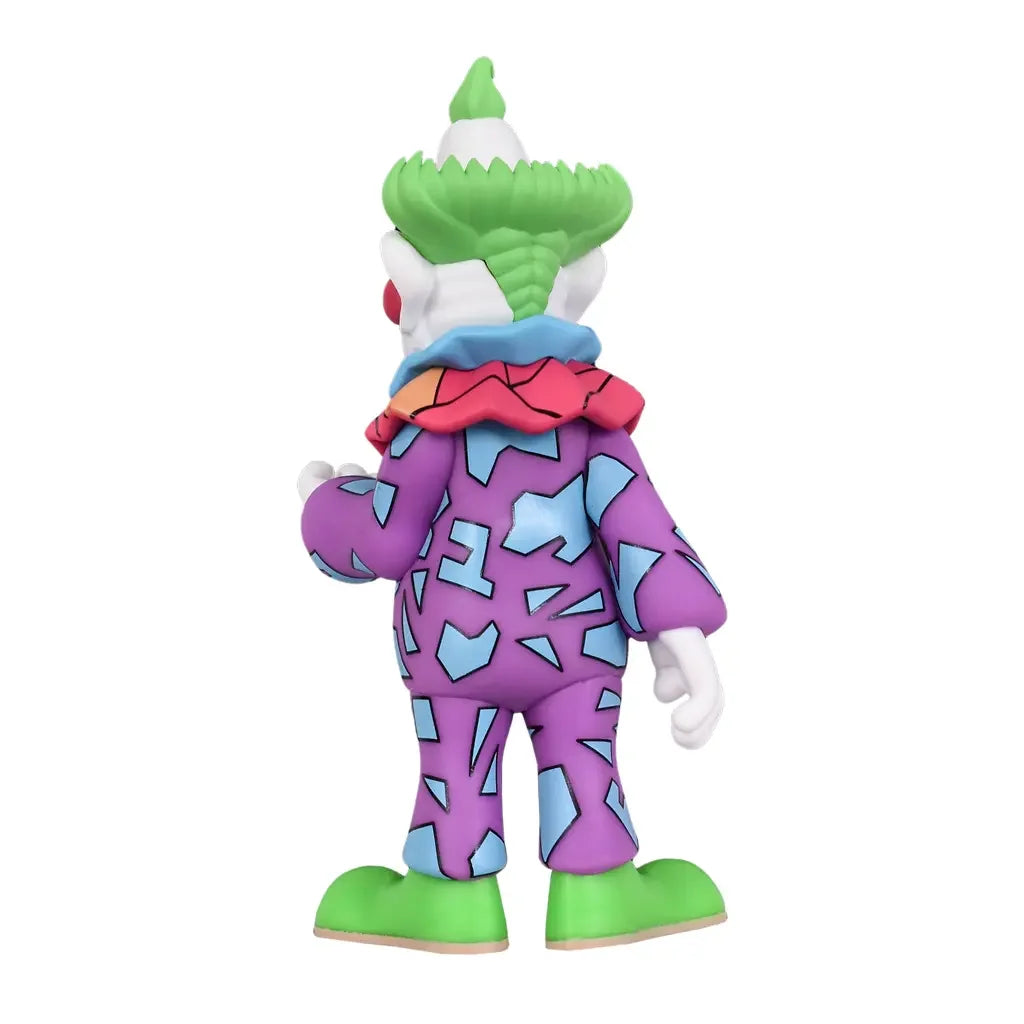Rückansicht einer lila Clownfigur mit blauen Formen, grünem Haar und grünen Schuhen